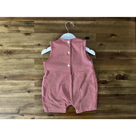 NWT Petit Bebe Red Stripe Smocked Knit Firetrucks Romper Cotton Sleeveless 18M - Picture 5 of 8
